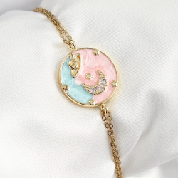 Mey İthalat® 316L Çelik Zincir Mineli Sanatsal Portre Zirkon Taşlı Gezegen Model Gold Renk Kadın Bileklik