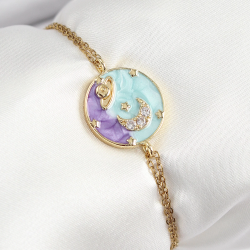 Mey İthalat® 316L Çelik Zincir Mineli Sanatsal Portre Zirkon Taşlı Gezegen Model Gold Renk Kadın Bileklik