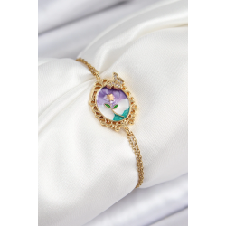 Mey İthalat® 316L Çelik Zincir Mineli Sanatsal Portre Zirkon Taşlı Kelebek Detaylı Çiçek Model Gold Renk Kadın Bileklik