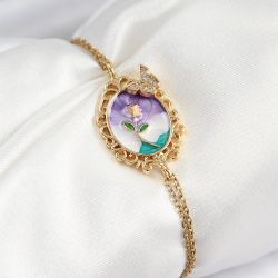 Mey İthalat® 316L Çelik Zincir Mineli Sanatsal Portre Zirkon Taşlı Kelebek Detaylı Çiçek Model Gold Renk Kadın Bileklik