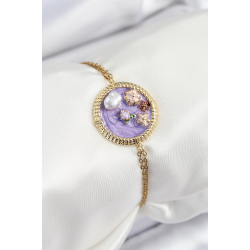 Mey İthalat® 316L Çelik Zincir Mor Mineli Sanatsal Portre İnci Detaylı Çiçek Model Gold Renk Kadın Bileklik