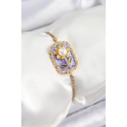 Mey İthalat® 316L Çelik Zincir Mor Mineli Sanatsal Portre İnci Detaylı Papatya Model Gold Renk Kadın Bileklik