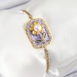 Mey İthalat® 316L Çelik Zincir Mor Mineli Sanatsal Portre İnci Detaylı Papatya Model Gold Renk Kadın Bileklik