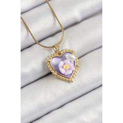 Mey İthalat® 316L Çelik Zincir Mor Sanatsal Portre İnci Detaylı Papatya Figürlü Kalp Model Gold Renk Kadın Kolye