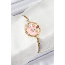 Mey İthalat® 316L Çelik Zincir Pembe Mineli Sanatsal Portre İnci Detaylı Çiçek Model Gold Renk Kadın Bileklik