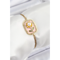 Mey İthalat® 316L Çelik Zincir Pembe Mineli Sanatsal Portre İnci Detaylı Papatya Model Gold Renk Kadın Bileklik