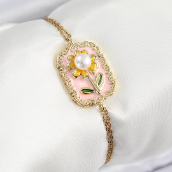 Mey İthalat® 316L Çelik Zincir Pembe Mineli Sanatsal Portre İnci Detaylı Papatya Model Gold Renk Kadın Bileklik