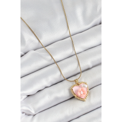 Mey İthalat® 316L Çelik Zincir Pembe Sanatsal Portre İnci Detaylı Papatya Figürlü Kalp Model Gold Renk Kadın Kolye