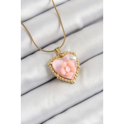 Mey İthalat® 316L Çelik Zincir Pembe Sanatsal Portre İnci Detaylı Papatya Figürlü Kalp Model Gold Renk Kadın Kolye