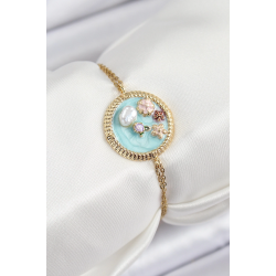Mey İthalat® 316L Çelik Zincir Turkuaz Mineli Sanatsal Portre İnci Detaylı Çiçek Model Gold Renk Kadın Bileklik