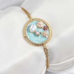 Mey İthalat® 316L Çelik Zincir Turkuaz Mineli Sanatsal Portre İnci Detaylı Çiçek Model Gold Renk Kadın Bileklik