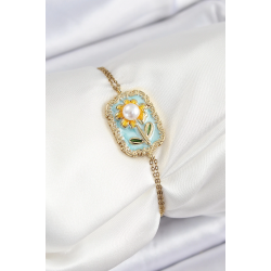 Mey İthalat® 316L Çelik Zincir Turkuaz Mineli Sanatsal Portre İnci Detaylı Papatya Model Gold Renk Kadın Bileklik