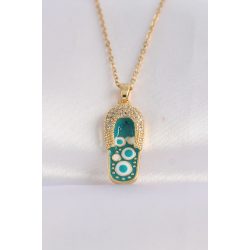 Mey İthalat® 316L Çelik Zincir Zirkon Taşlı Altın Renk Nazarlı Terlik Tasarımlı Kolye