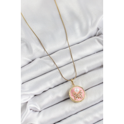 Mey İthalat® 316L Çelik Zincir Zirkon Taşlı Pembe Sanatsal Portre İnci Detaylı Kelebek Model Gold Renk Kadın Kolye