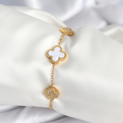 Mey İthalat® 316L Çelik Zincir Zirkon Taşlı Yonca Beyaz Kadın Bileklik