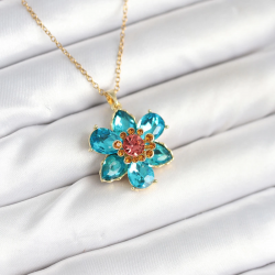 Mey İthalat® 316L Çelik Zincirli Mavi Çiçek Model Kadın Kolye