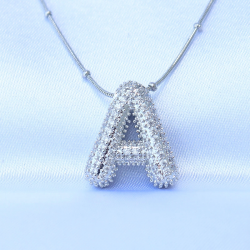 Mey İthalat® 316L Çelik Zincirli Zirkon Taşlı A Harfli Gümüş Renk Bubble Kolye