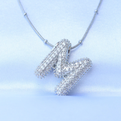 Mey İthalat® 316L Çelik Zincirli Zirkon Taşlı M Harfli Gümüş Renk Bubble Kolye