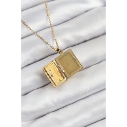 Mey İthalat® 316L Çelik Zirkon Taşlı Açılabilr Kapaklı Kitap Model Gold Renk Kadın Kolye