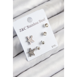 Mey İthalat® 316L Çelik Zirkon Taşlı Deniz Yıldızı Model Gümüş Renk Kadın Set Küpe