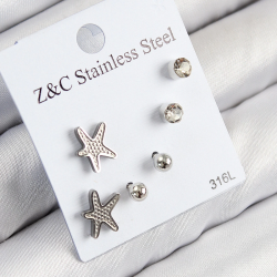 Mey İthalat® 316L Çelik Zirkon Taşlı Deniz Yıldızı Model Gümüş Renk Kadın Set Küpe