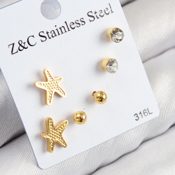 Mey İthalat® 316L Çelik Zirkon Taşlı Deniz Yıldızı Model Gümüş Renk Kadın Set Küpe