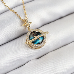 Mey İthalat® 316L Çelik Zirkon Taşlı Gezegen Model Gold Renk Kadın Kolye