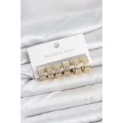 Mey İthalat® 316L Çelik Zirkon Taşlı Gold Halka Küpe Seti