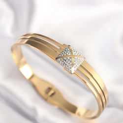 Mey İthalat® 316L Çelik Zirkon Taşlı Gold Renk Kadın Kelepçe Bilezik