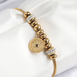 Mey İthalat® 316L Çelik Zirkon Taşlı Göz Charm Model Gold Renk Kadın Bileklik