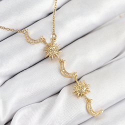 Mey İthalat® 316L Çelik Zirkon Taşlı Güneş Ve Ay Model Gold Renk Kadın Kolye