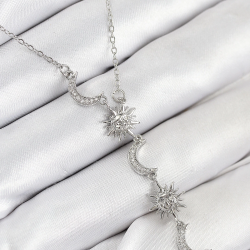 Mey İthalat® 316L Çelik Zirkon Taşlı Güneş Ve Ay Model Gümüş Renk Kadın Kolye