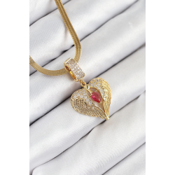 Mey İthalat® 316L Çelik Zirkon Taşlı Kanatlı Kalp Model Gold Renk Kadın Kolye