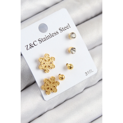 Mey İthalat® 316L Çelik Zirkon Taşlı Kar Tanesi Model Gold Renk Kadın Set Küpe
