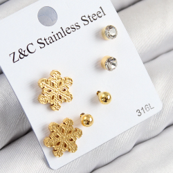 Mey İthalat® 316L Çelik Zirkon Taşlı Kar Tanesi Model Gold Renk Kadın Set Küpe