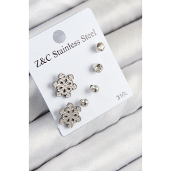 Mey İthalat® 316L Çelik Zirkon Taşlı Kar Tanesi Model Gümüş Renk Kadın Set Küpe