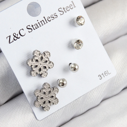 Mey İthalat® 316L Çelik Zirkon Taşlı Kar Tanesi Model Gümüş Renk Kadın Set Küpe