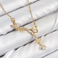 Mey İthalat® 316L Çelik Zirkon Taşlı Kelebek Model Gold Renk Kadın Kolye