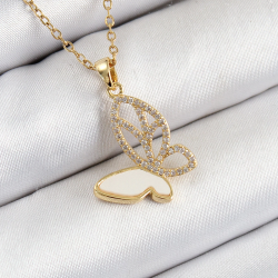 Mey İthalat® 316L Çelik Zirkon Taşlı Kelebek Model Gold Renk Kadın Kolye