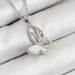 Mey İthalat® 316L Çelik Zirkon Taşlı Kelebek Model Gümüş Renk Kadın Kolye