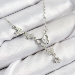 Mey İthalat® 316L Çelik Zirkon Taşlı Kelebek Model Gümüş Renk Kadın Kolye