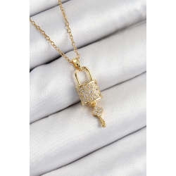 Mey İthalat® 316L Çelik Zirkon Taşlı Kilit Ve Sallantılı Anahtar Model Gold Renk Kadın Kolye