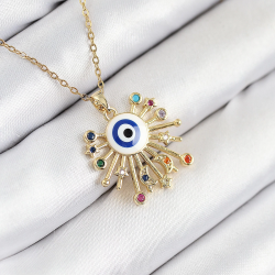 Mey İthalat® 316L Çelik Zirkon Taşlı Nazar Model Gold Renk Kadın Kolye