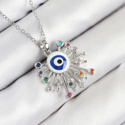 Mey İthalat® 316L Çelik Zirkon Taşlı Nazar Model Gümüş Renk Kadın Kolye