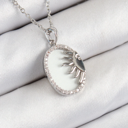 Mey İthalat® 316L Çelik Zirkon Taşlı Yarım Güneş Model Gümüş Renk Kadın Kolye