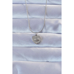 Mey İthalat® 316L Gümüş Renk Zirkon Taşlı İşlemeli Göz Detay Kalp Kolye