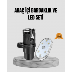 Mey İthalat® 360° Döner Çiftli Bardak Tutucu ve Kablosuz Ambiyans LED Işık Araç Seti