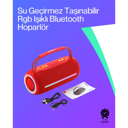 Mey İthalat® 360 RGB LED'li Taşınabilir Bluetooth Hoparlör – Kırmızı, USB/TF Destekli