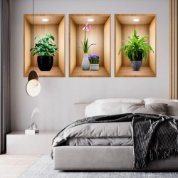 Mey İthalat® 3D Çiçek Vazo Duvar Sticker 3 lü Set Kahverengi Fon