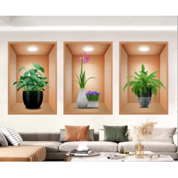 Mey İthalat® 3D Çiçek Vazo Duvar Sticker 3 lü Set Kahverengi Fon